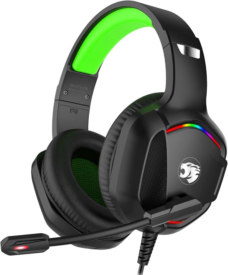 IMYB Gaming Headset with Microphone for Pc, Xbox One Series X/s, Ps4, Ps5, Switch, Stereo Wired Noise Cancelling Over-Ear Headphones with Mic, RGB, for Computer, Laptop, Mac, Nintendo, Gamer (Green) - Image 1